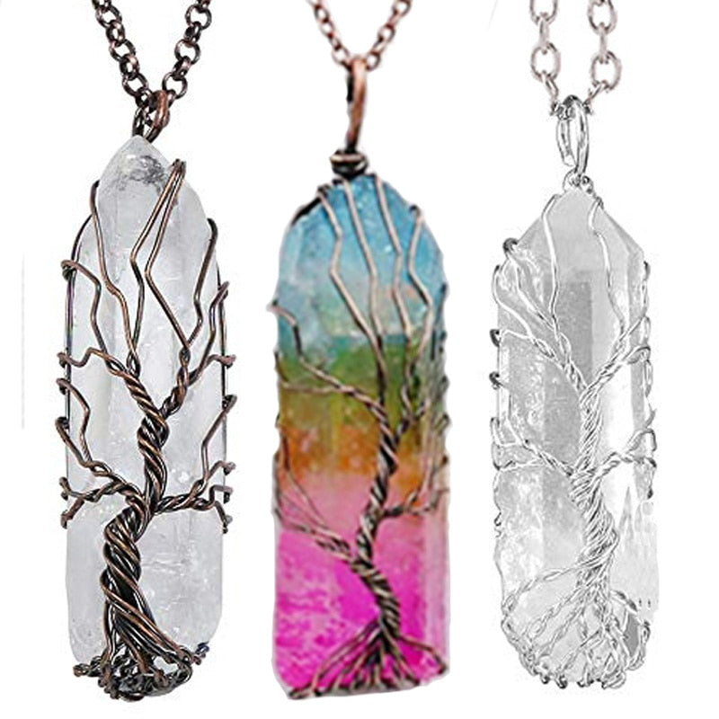 7 Chakra Crystal Natural/Rainbow Stone Quartz tree of life Pendant Necklace for Women Men Pendulum Reiki Healing Chakra Jewelry