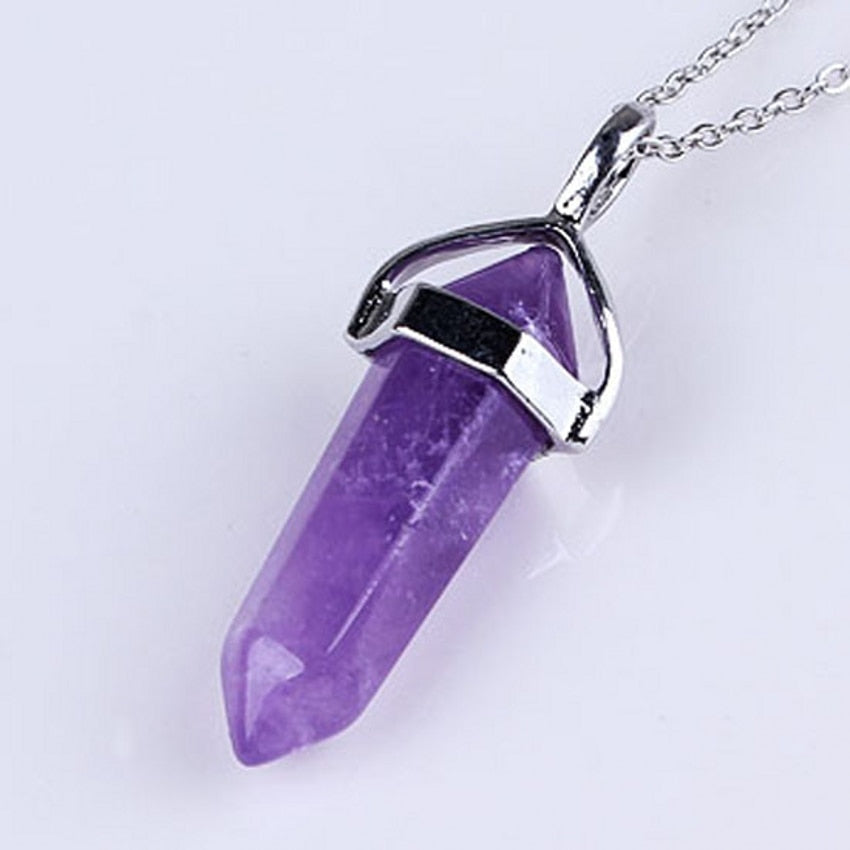 100-Unique Silver Plated Natural Purple Amethysts Quartz Crystal Hexagonal Chakra Healing Point Pendulum Stone Pendant
