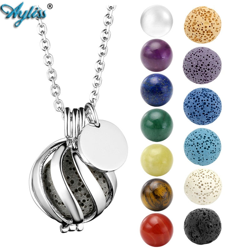 Ayliss Brand New Lava Rock Stone/7 Chakra Ball Essential Oil Diffuser Necklace Silver Tone Aromatherapy Openable Locket Pendant