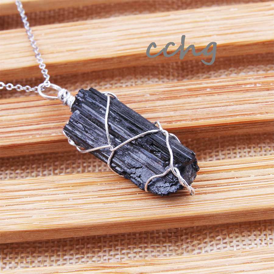 CCHGM New Silver thread Color Dipped Black Tourmaline Pendant Necklace Raw Stone Schorl Chakra Healing Crystal Point Pendant