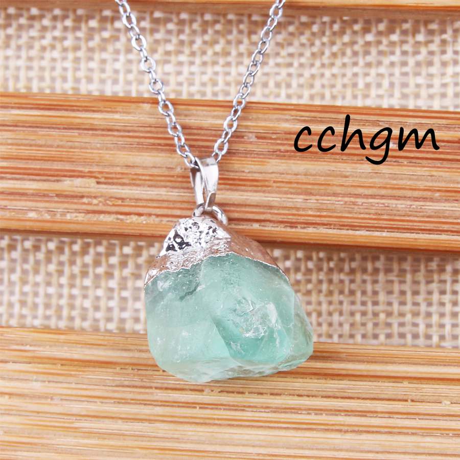 CCHGM Silver Plated Wrapped Green Fluorite Quartz Pendant Necklace Natural Stone Jewelry Healing Chakra Gem crystal Necklace