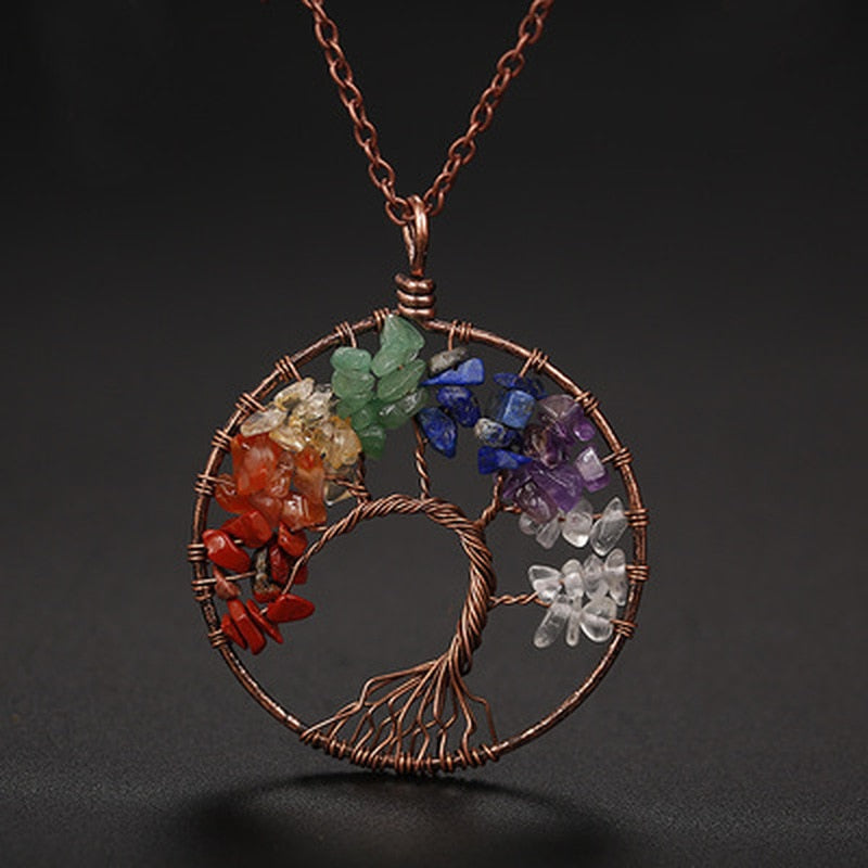 7 Chakra Tree of Life Pendant Necklace Copper Crystal Natural Stone Necklace Quartz Stones  Reiki Pendulum Pendants Women Gift