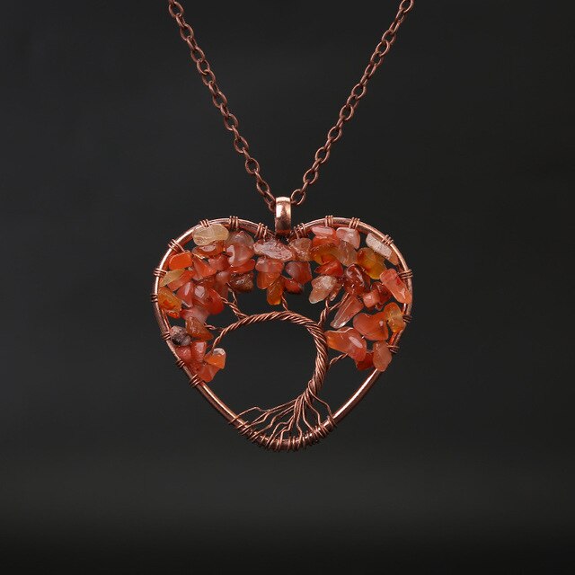 2019 Handmade Tree of Life Pendant Heart Necklace Women Copper Chain Chakra Natural Stone Jewelry Rainbow Quartz Crystal Gift