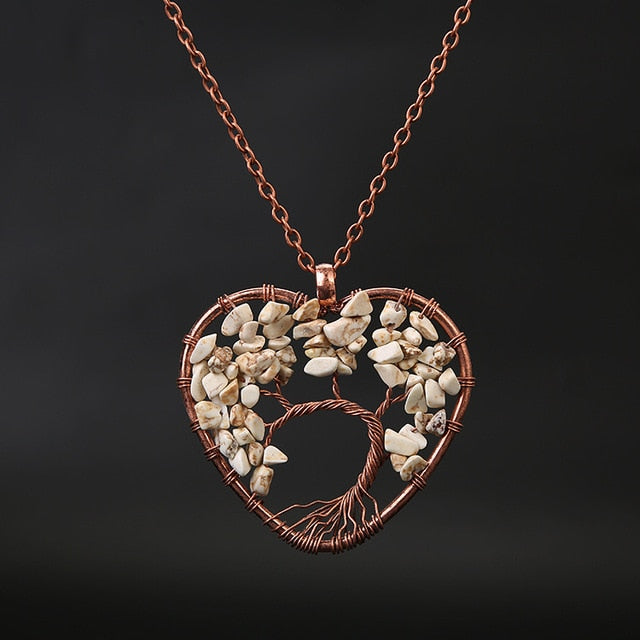 2019 Handmade Tree of Life Pendant Heart Necklace Women Copper Chain Chakra Natural Stone Jewelry Rainbow Quartz Crystal Gift