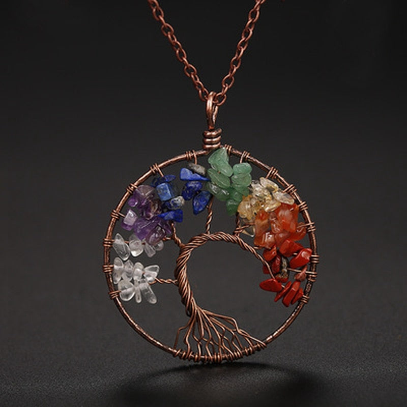 7 Chakra Jewelry Rainbow Natural Stone Beads Wrap Wisdom Tree of Life Antique Copper Plated Round Pendant for  Women Necklace