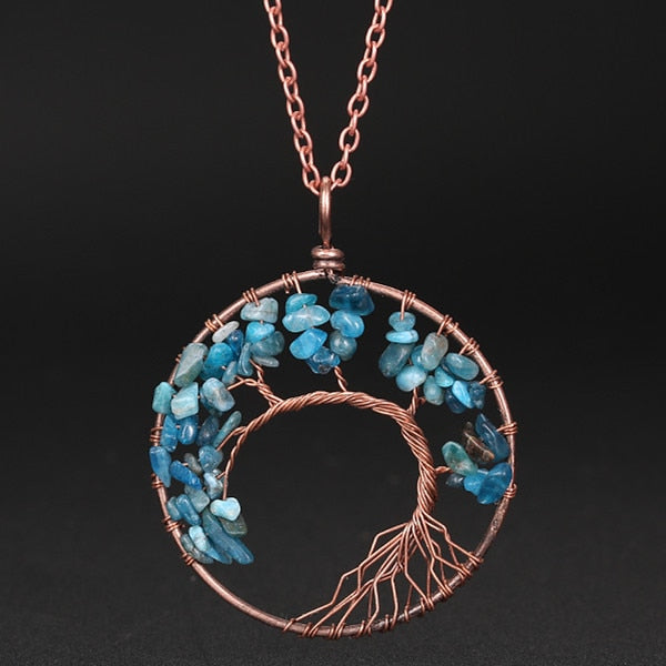 7 Chakra Jewelry Rainbow Natural Stone Beads Wrap Wisdom Tree of Life Antique Copper Plated Round Pendant for  Women Necklace